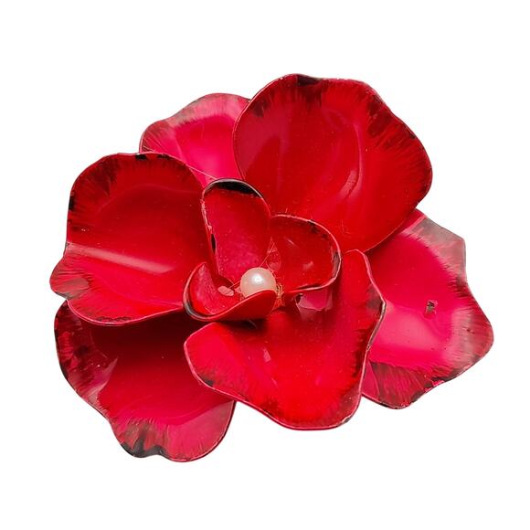 Vintage Jewelry - Vintage 1960s Red Enamel Metal Flower 2 1/4 Inches Brooch